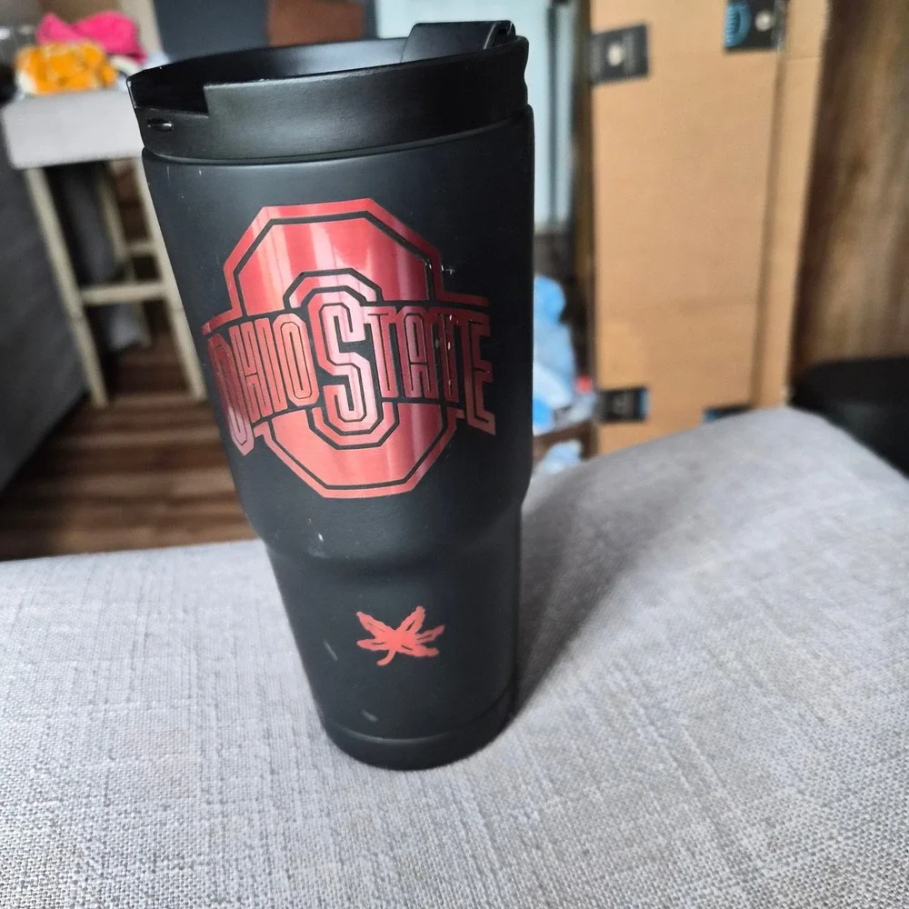 Ohio State Buckeyes KCB Matte Black Travel Tumbler Metallic Red Buckeye Leaves